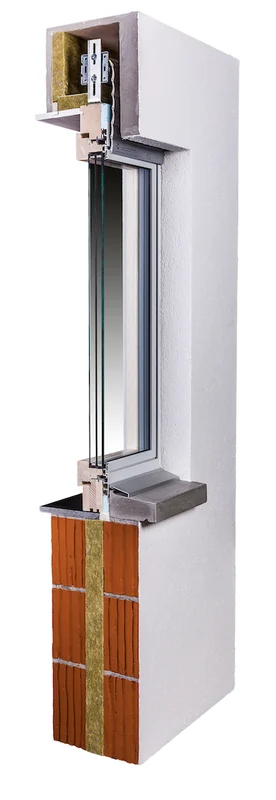 Fassadenschnitt: Holzalufenster mit gedämmtem Rollladenkasten und zweiteiligem Wetterschenkel